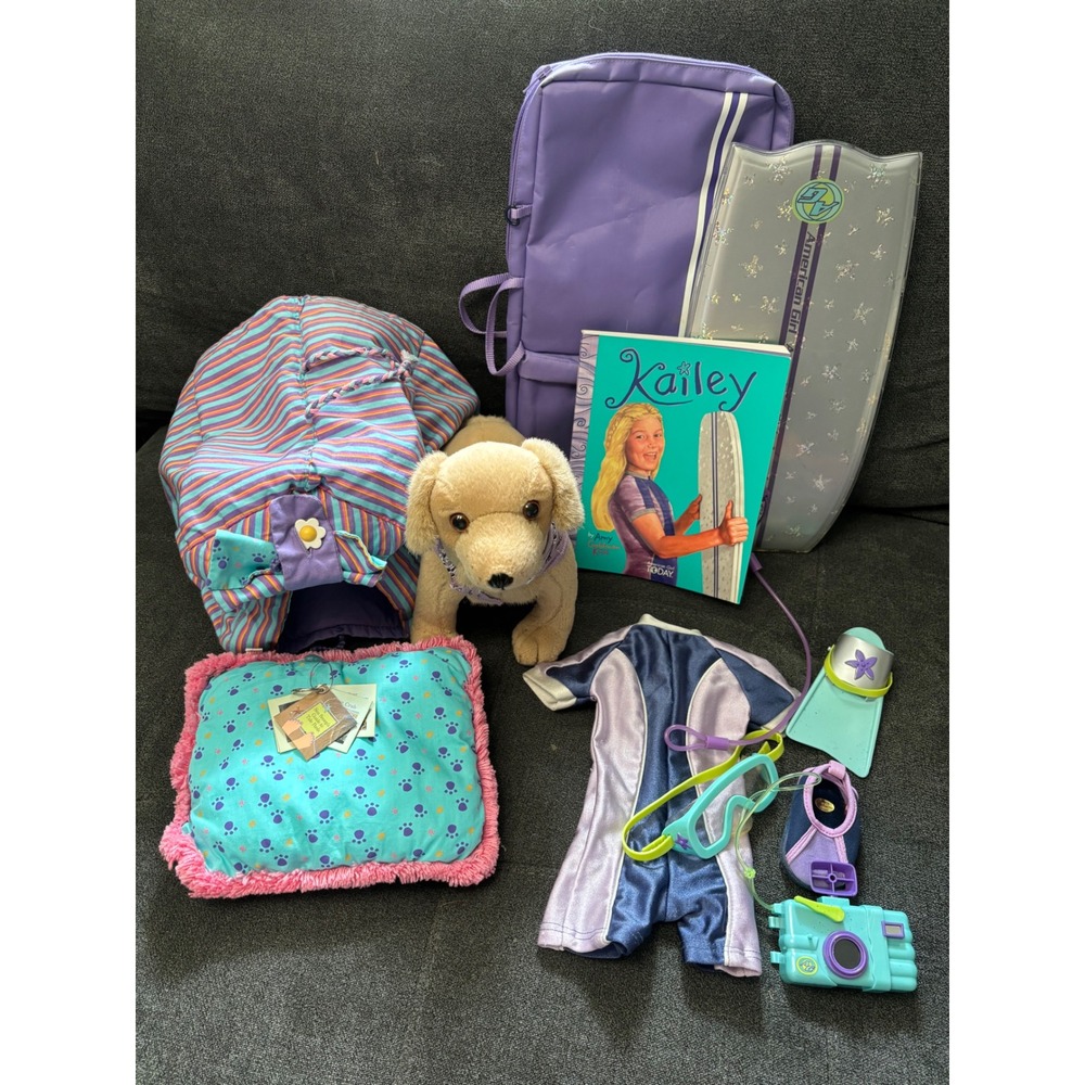 American Girl Kailey Hopkins Accessories Set Boogie Board Dog Bed Wetsuit Book - Picture 1 of 11